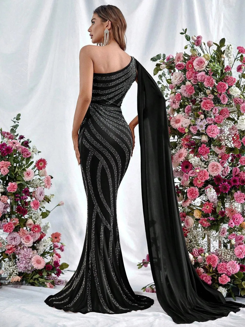 Rhinestone Detail One Shoulder Ruched Draped Side Mermaid Dress - Elonnashop