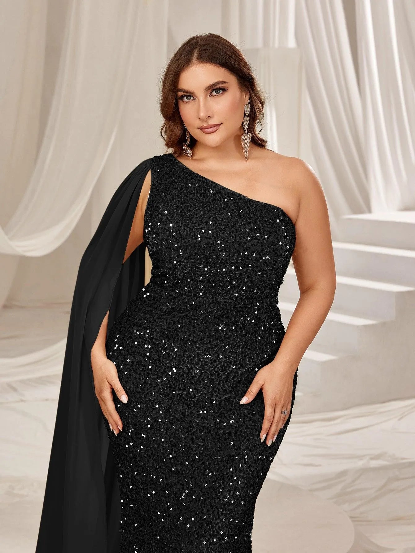 Plus One Shoulder Draped Side Sequin Mermaid Dress - Elonnashop