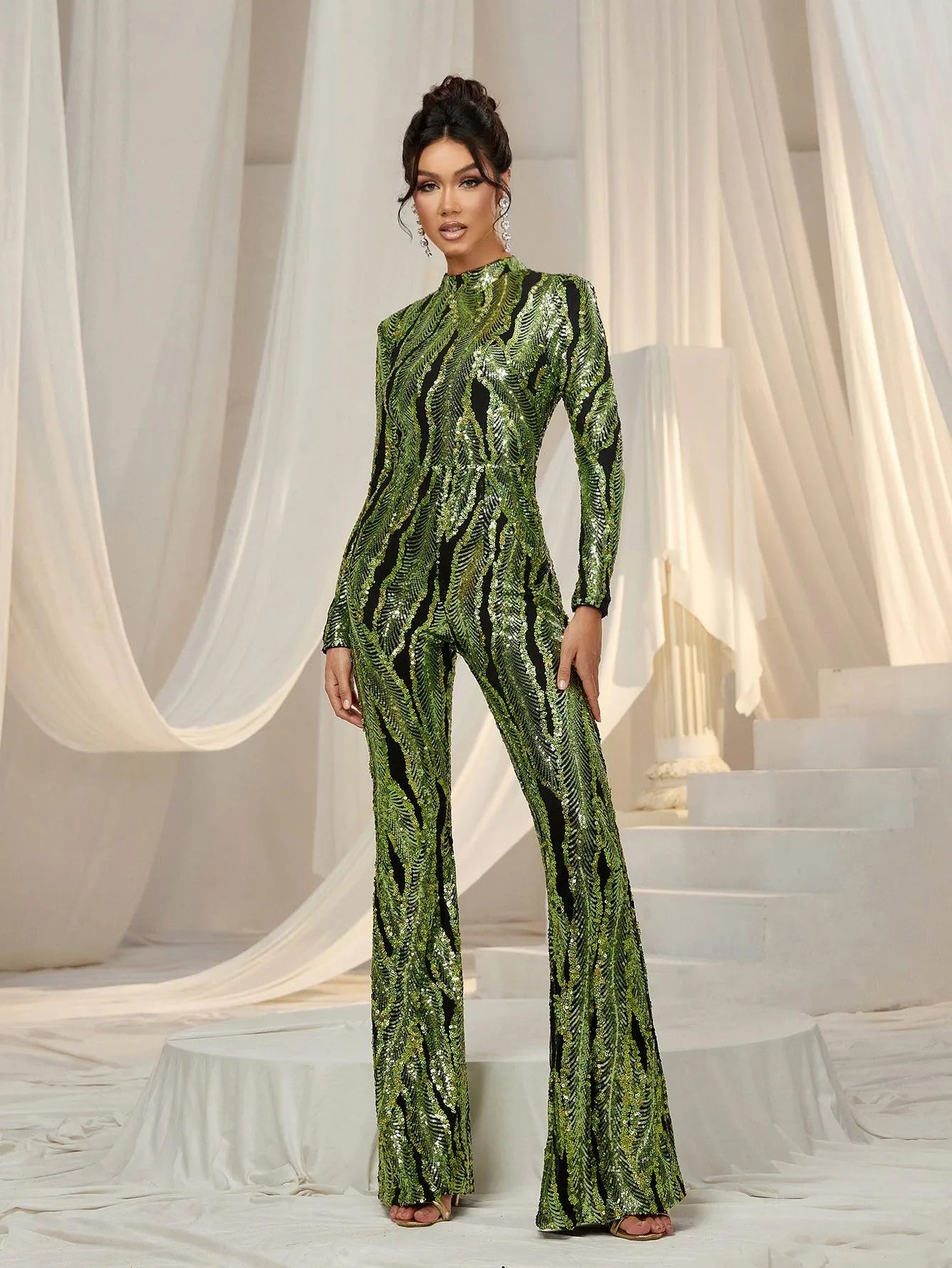 Elegant Mock Neck Long Sleeves Graphic Sequin Jumpsuit - Elonnashop