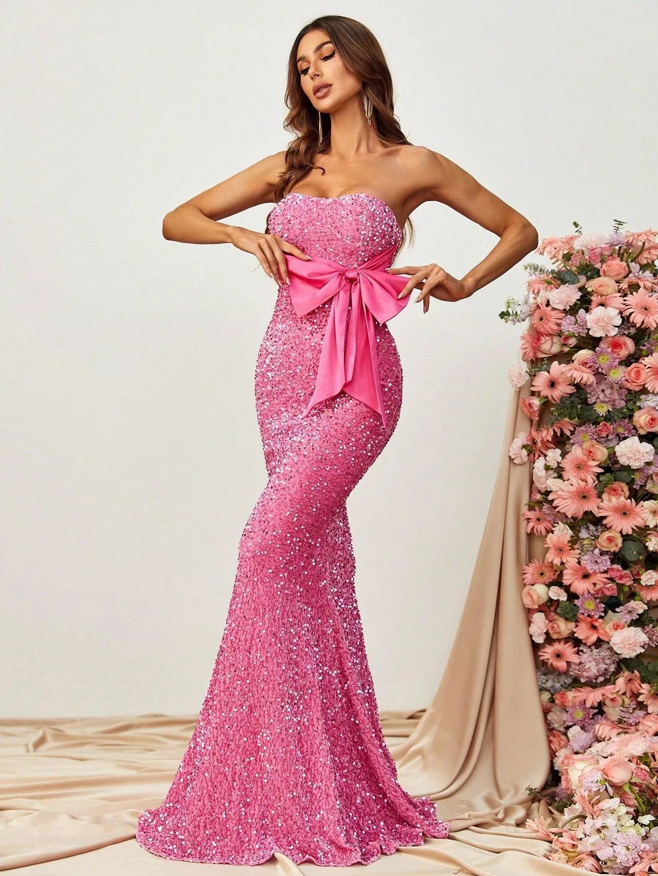 Bow Front Sequin Tube Mermaid Dress - Elonnashop