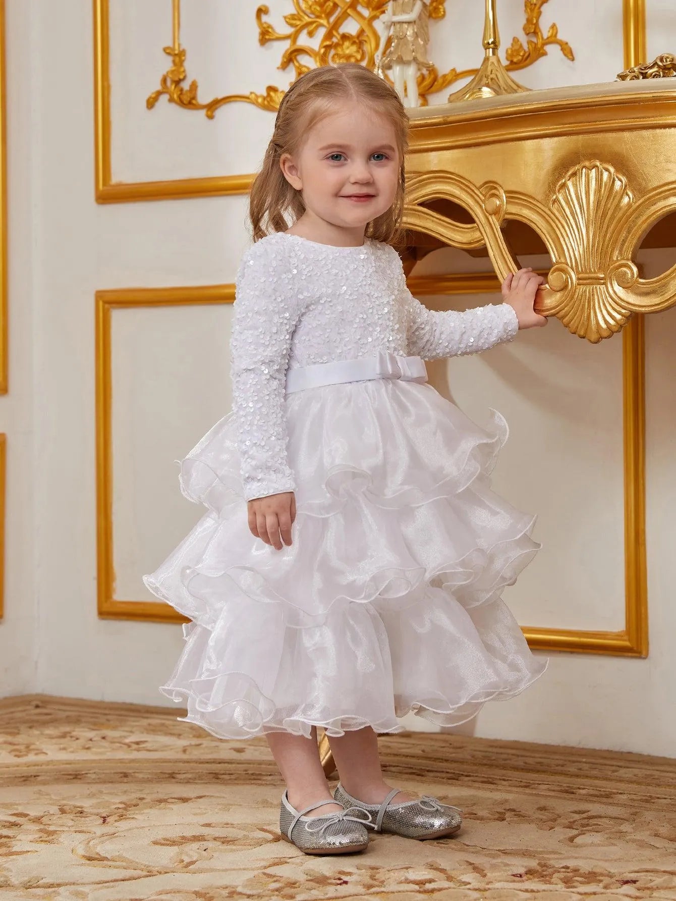 Young Girls' Sequin Contrast Layered Organza Hem Dress - Elonnashop