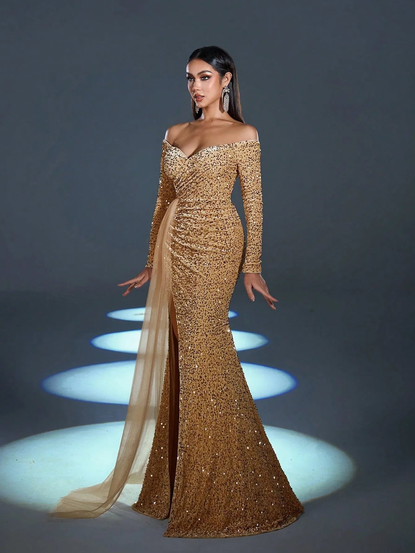 Elegant Off Shoulder Lone Sleeves Split Thigh Sequin Evening Dress