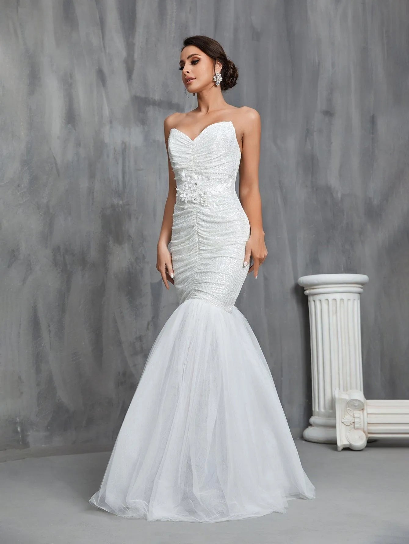 Ruched Front Mermaid Hem Sequin Tube Wedding Dresses - Elonnashop