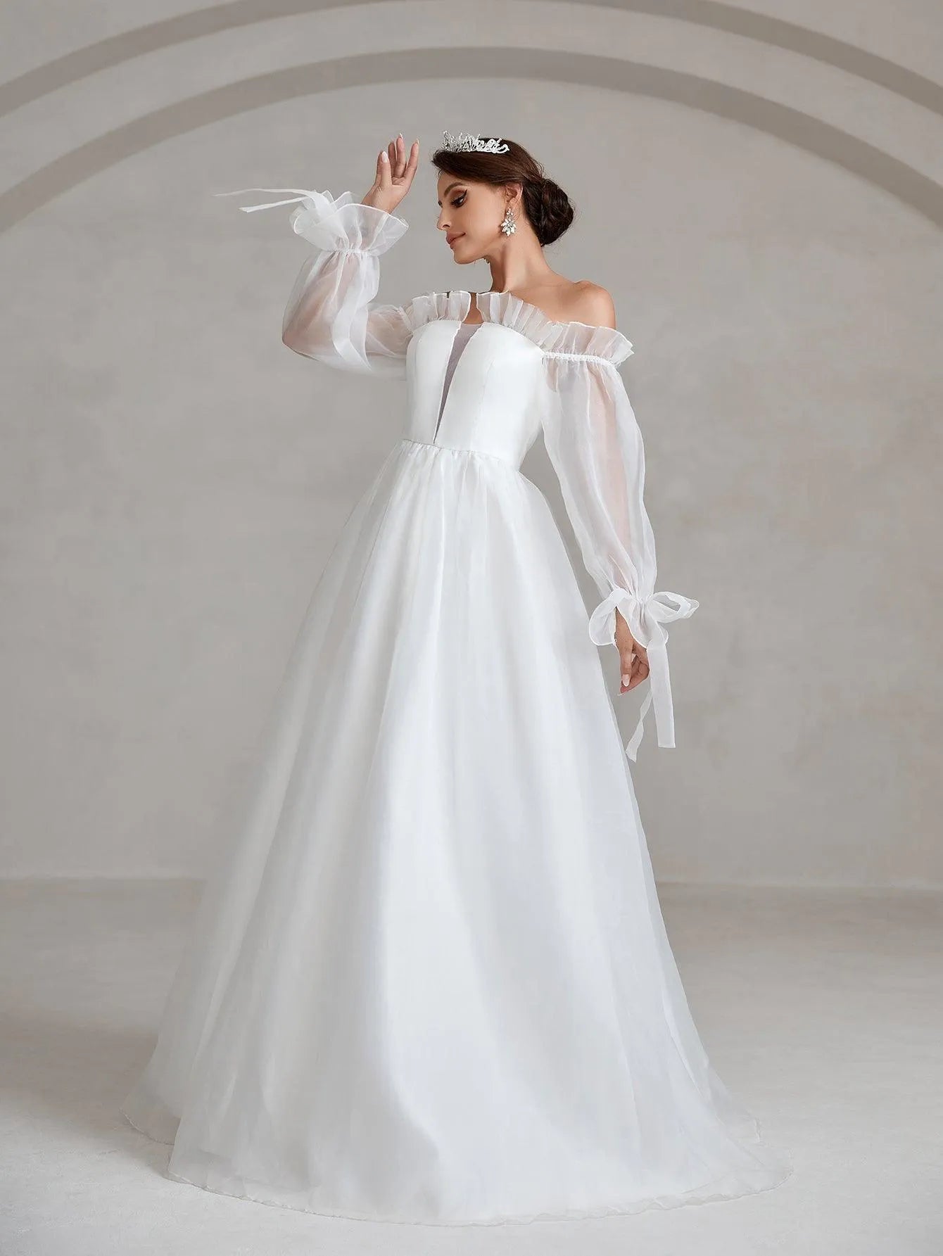 Ruffle Trim Off Shoulder Flounce Sleeve A Line Wedding Dress - Elonnashop