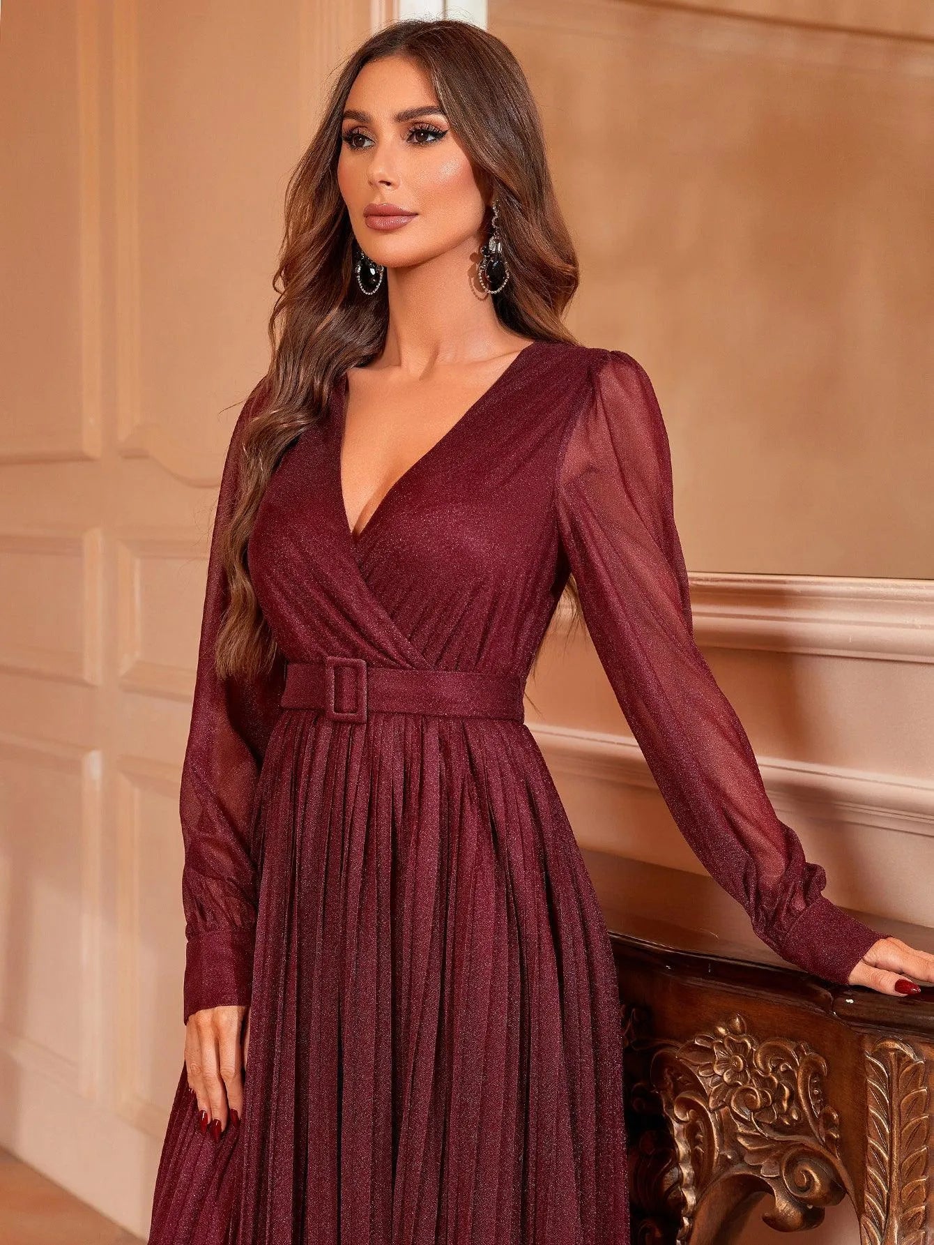 Surplice Neck Buckle Belted Pleated Dress - Elonnashop