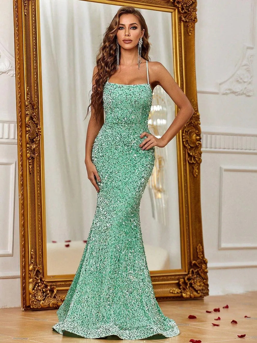 Spaghetti Strap Lace Up Back Sequin Mermaid Dress - Elonnashop