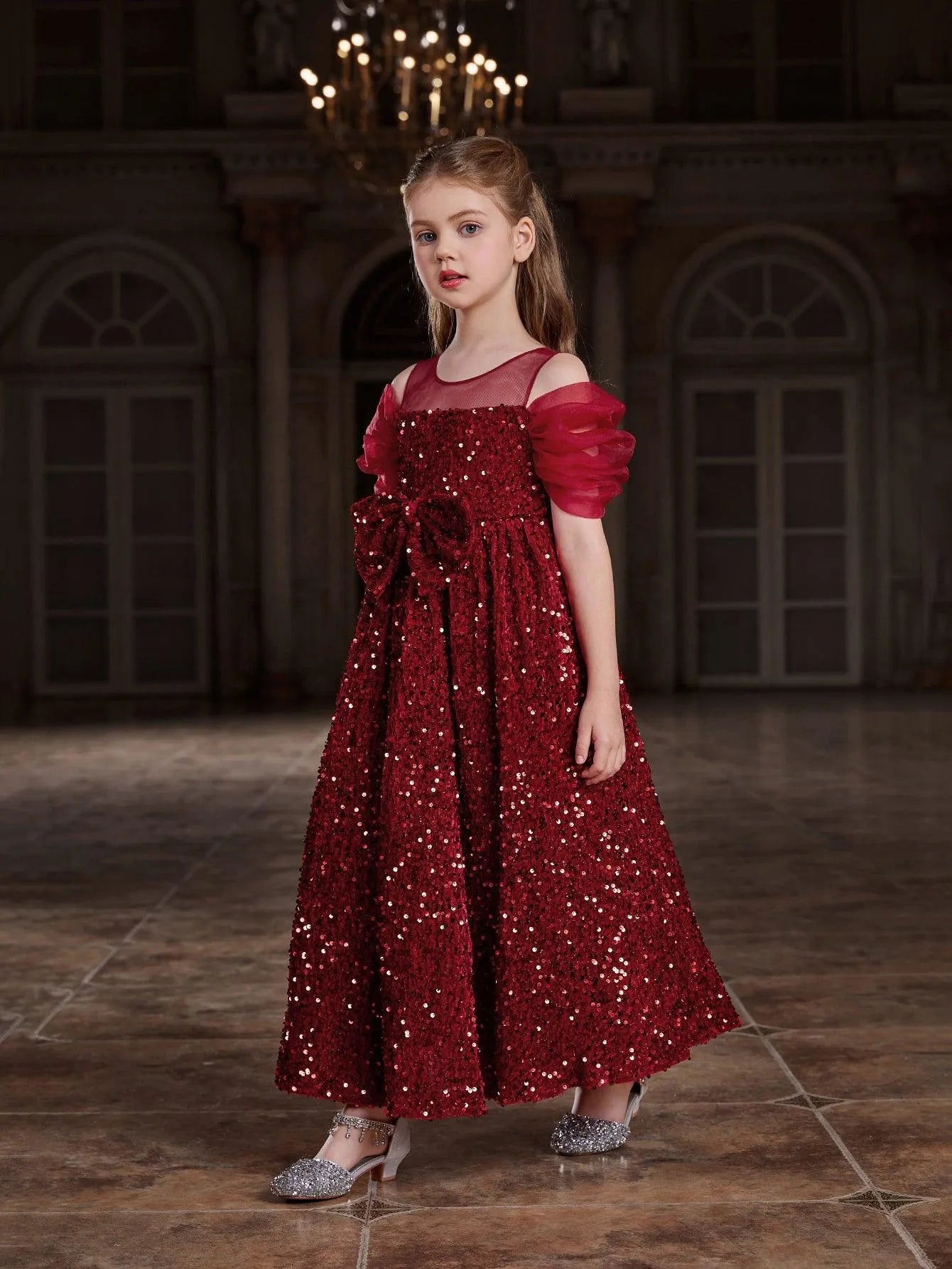 Tween Girls' Bow Front Sequin A Line Party Dress - Elonnashop