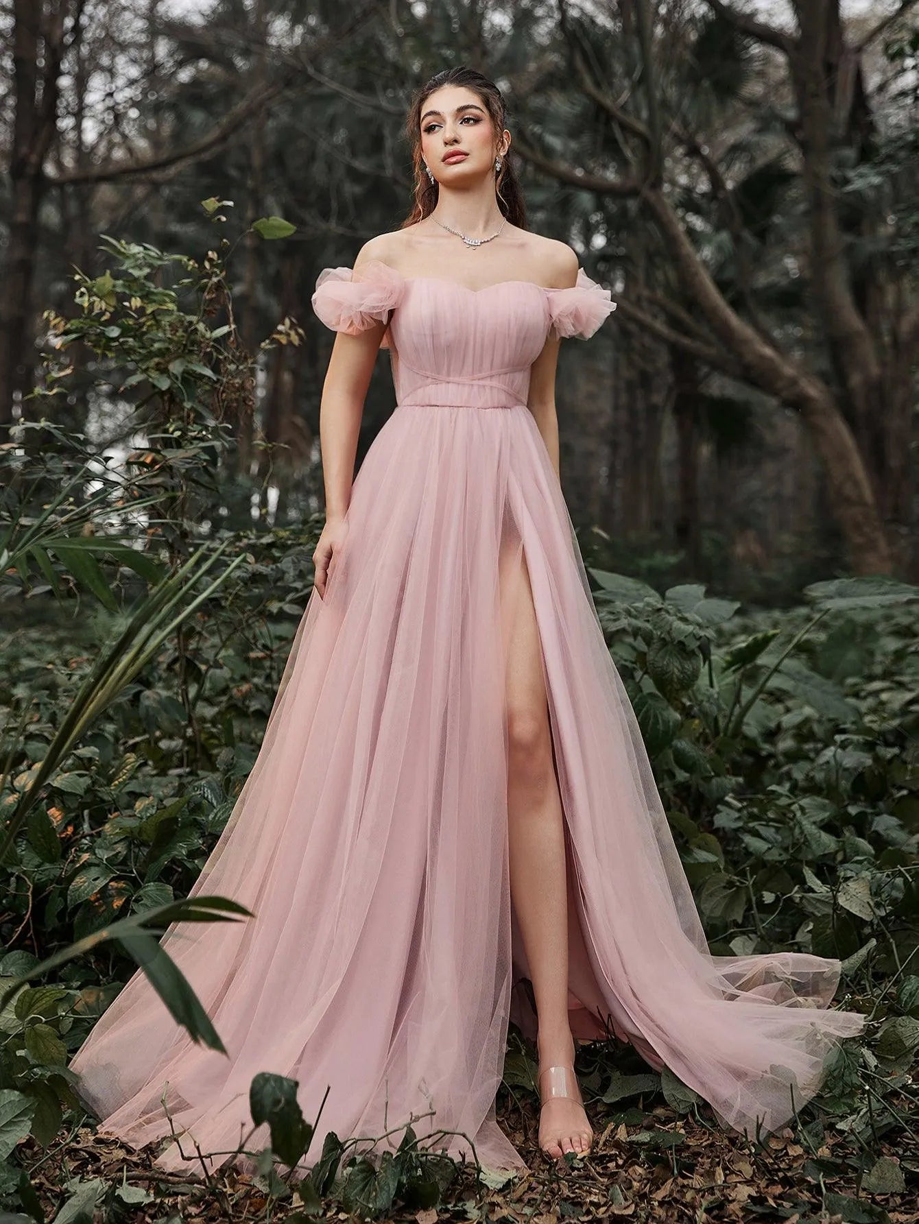 Elegant Off Shoulder Ruched Bust Split Thigh Tulle Evening Dress - Elonnashop