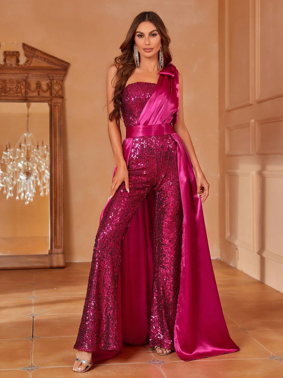 One Shoulder Sleeveless Satin Overlay Sequin Jumpsuit - Elonnashop