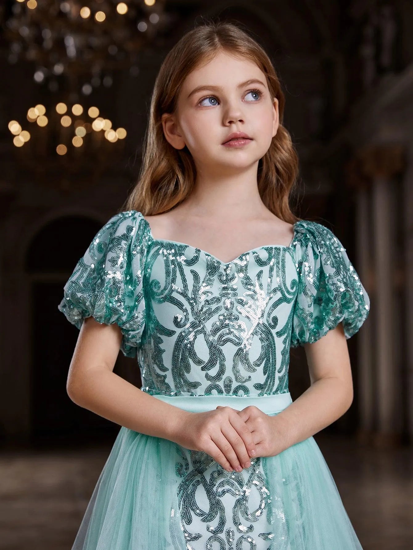 Tween Girls' Sweetheart Collar Puff Sleeves Mesh Overlay Sequin Dress - Elonnashop