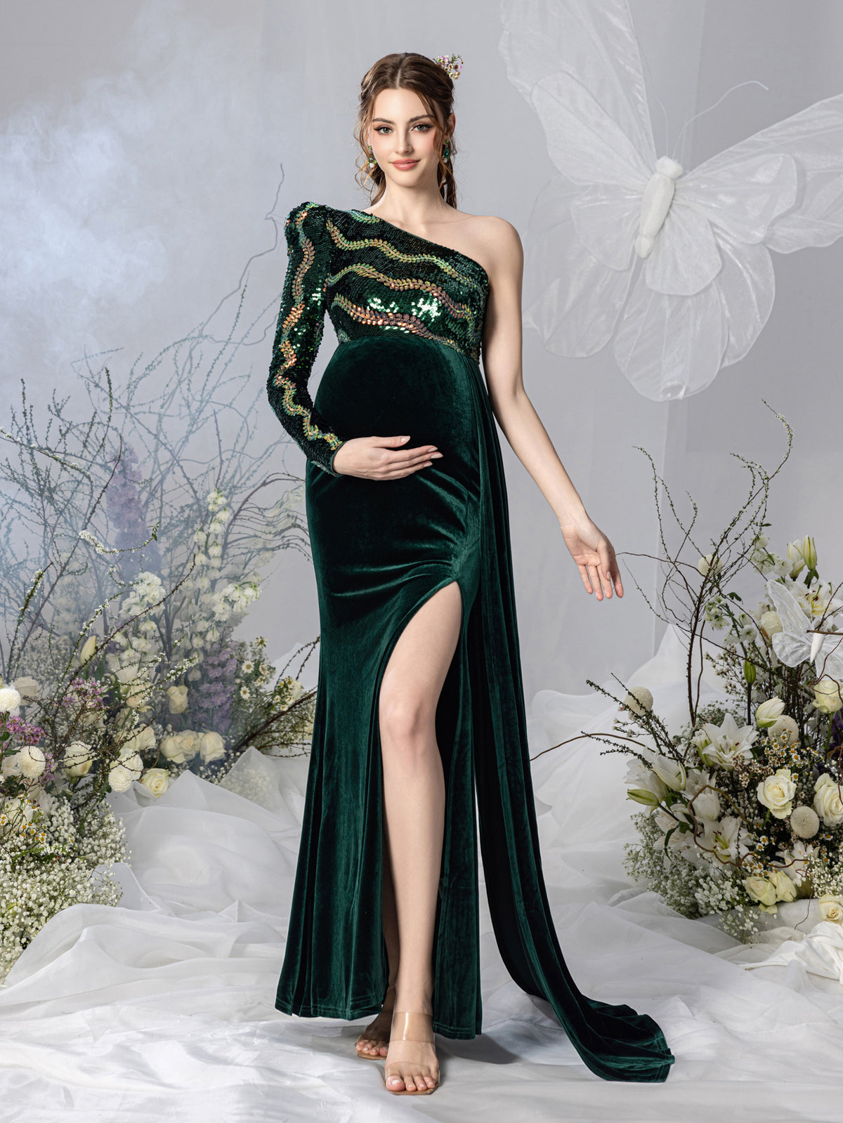 Maternity One Shoulder Split Mermaid Hem Contrast Sequin Velvet Evening Dress