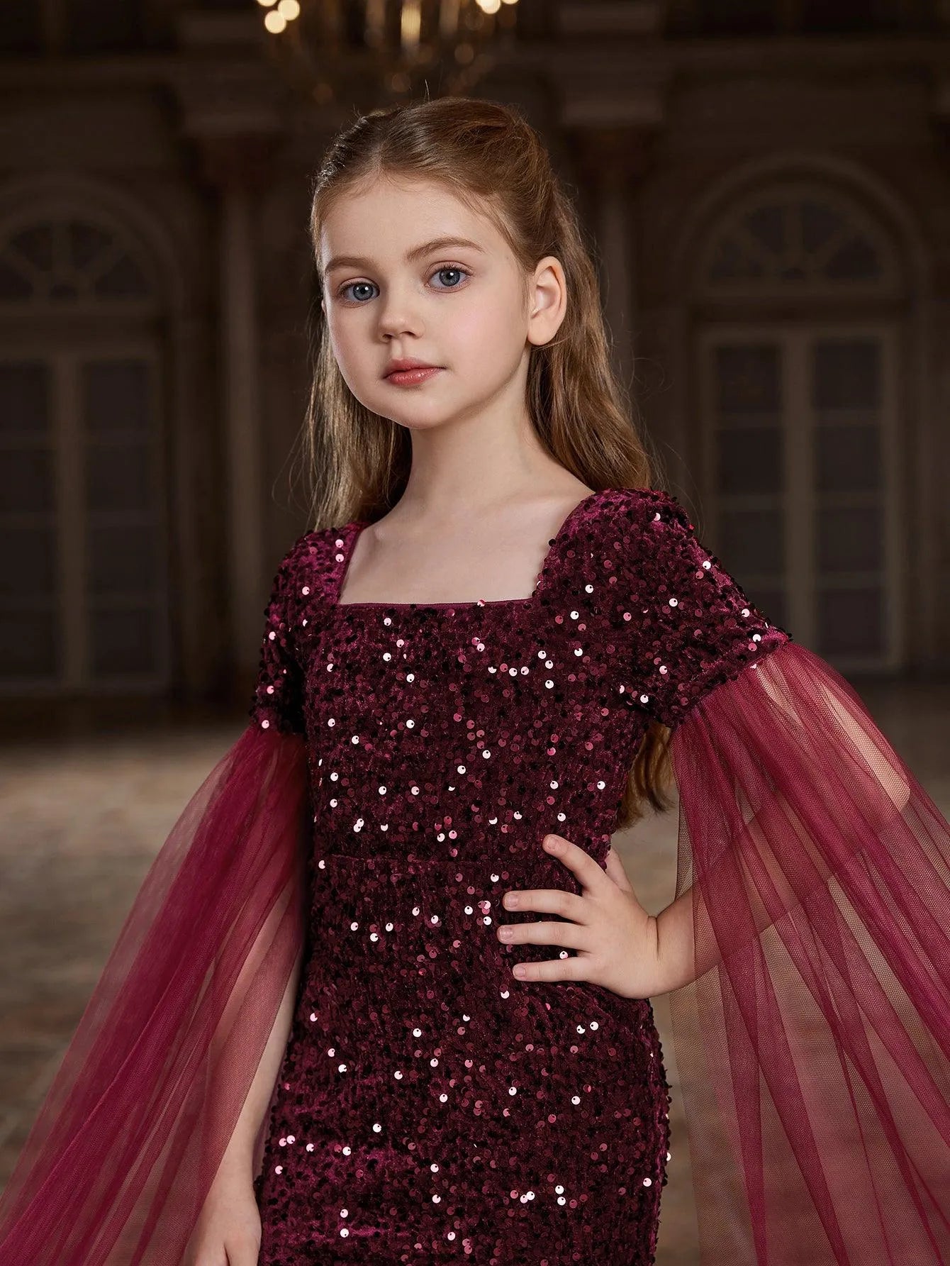 Tween Girls' Square Collar Cloak Sleeves Sequin Mermaid Dress - Elonnashop