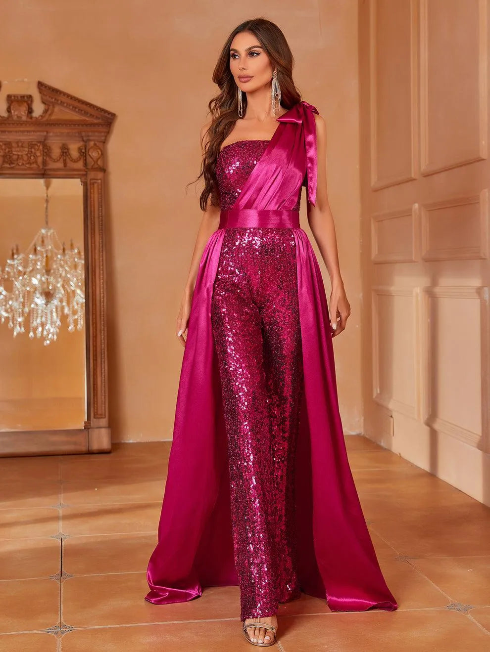 One Shoulder Sleeveless Satin Overlay Sequin Jumpsuit - Elonnashop