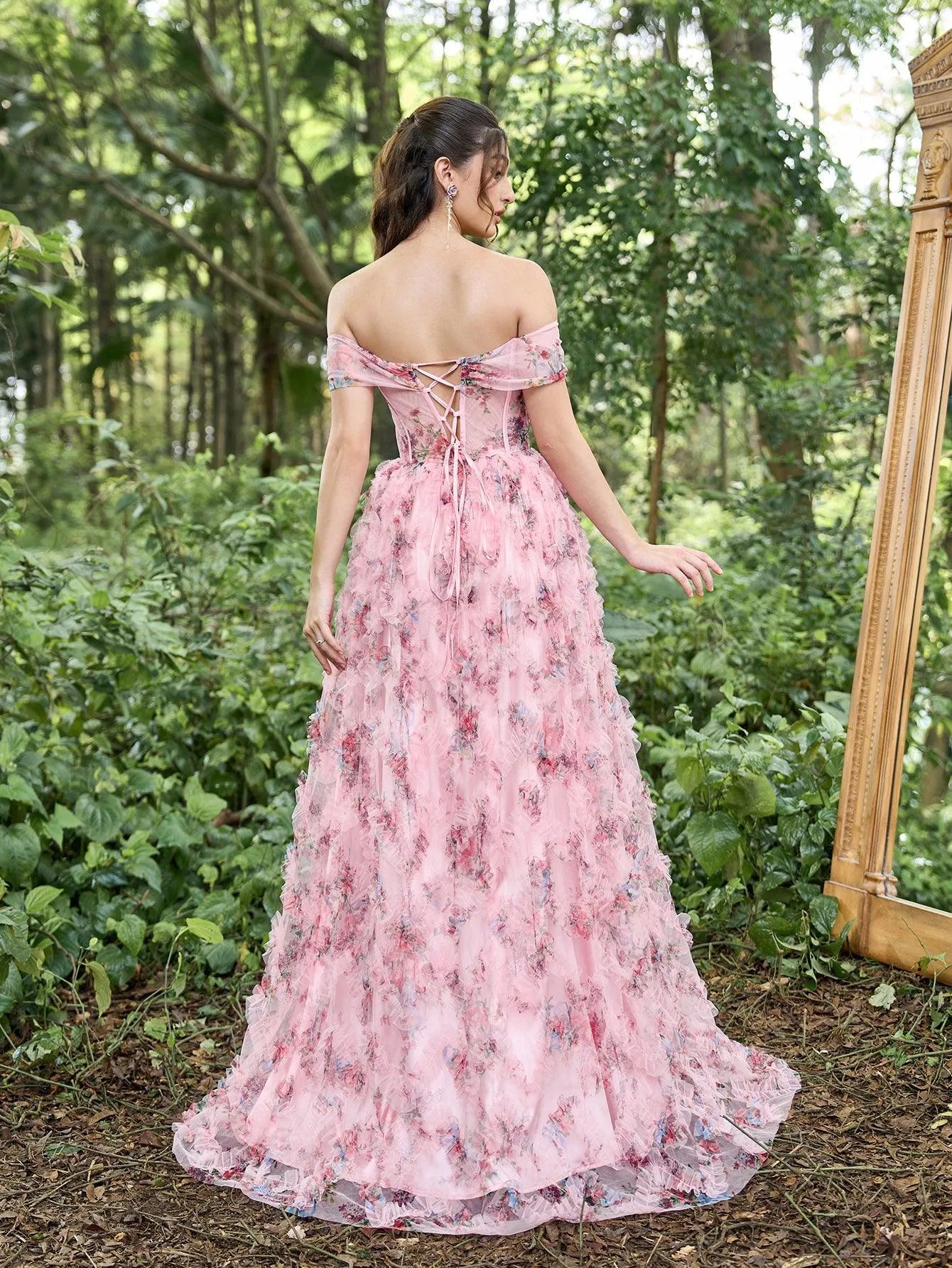 Elegant Off Shoulder Cascading Ruffle Floral Tulle Split Prom Dress - Elonnashop