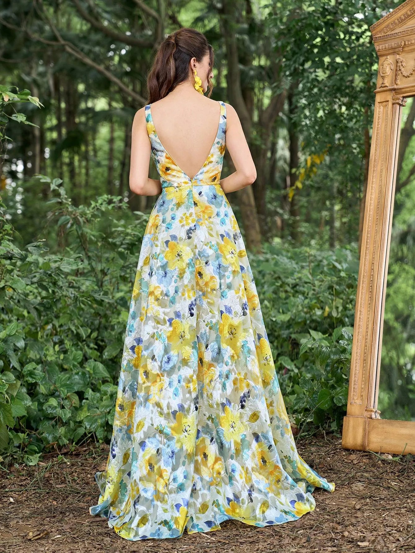 Elegant Plunging Neck Backless Floral Jacquard Split Prom Dress - Elonnashop