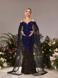 Maternity Cold Shoulder Cape Sleeves Mermaid Hem Ombre Sequin Formal Dress