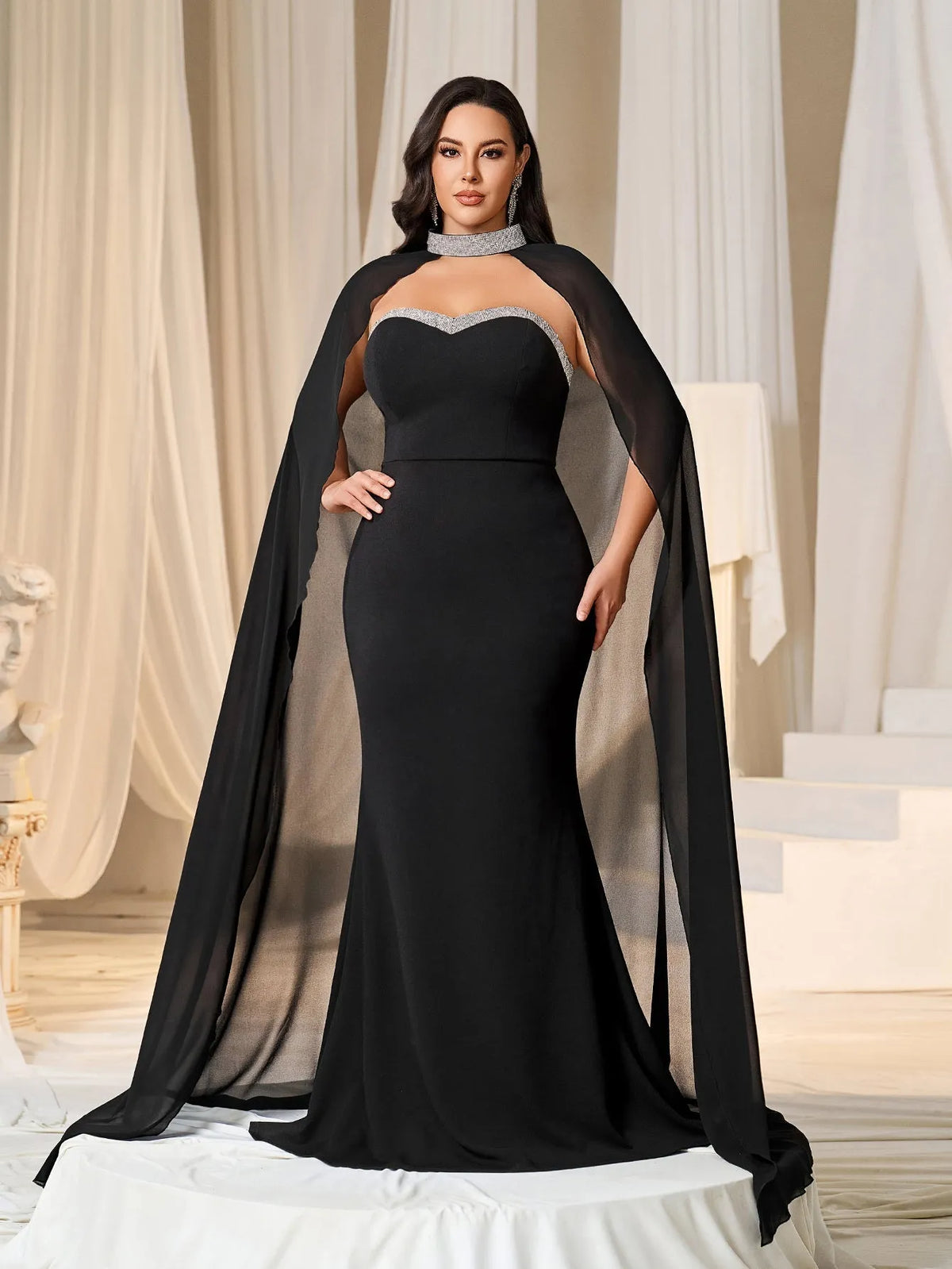 Plus Rhinestone Detail Mermaid Hem Formal Tube Dress with Cape