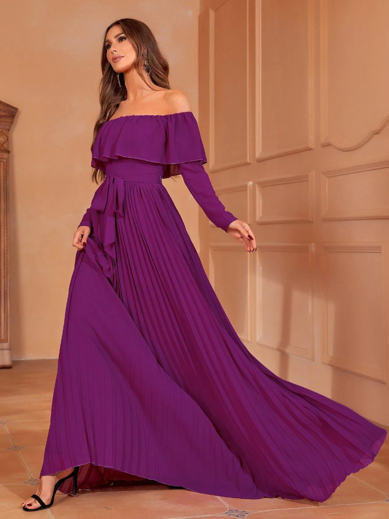 Off Shoulder Pleated Chiffon Belted Dress - Elonnashop