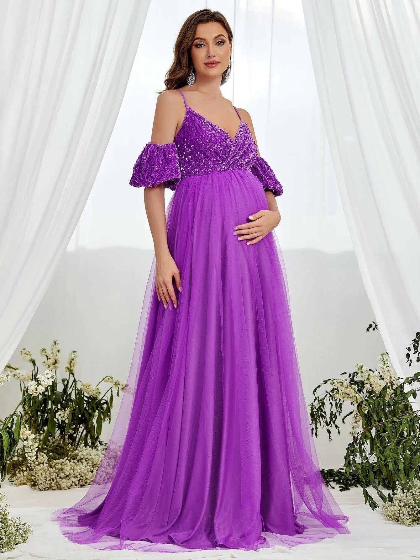 Maternity Cold Shoulder Sequin Bodice Contrast Mesh Hem Dress - Elonnashop