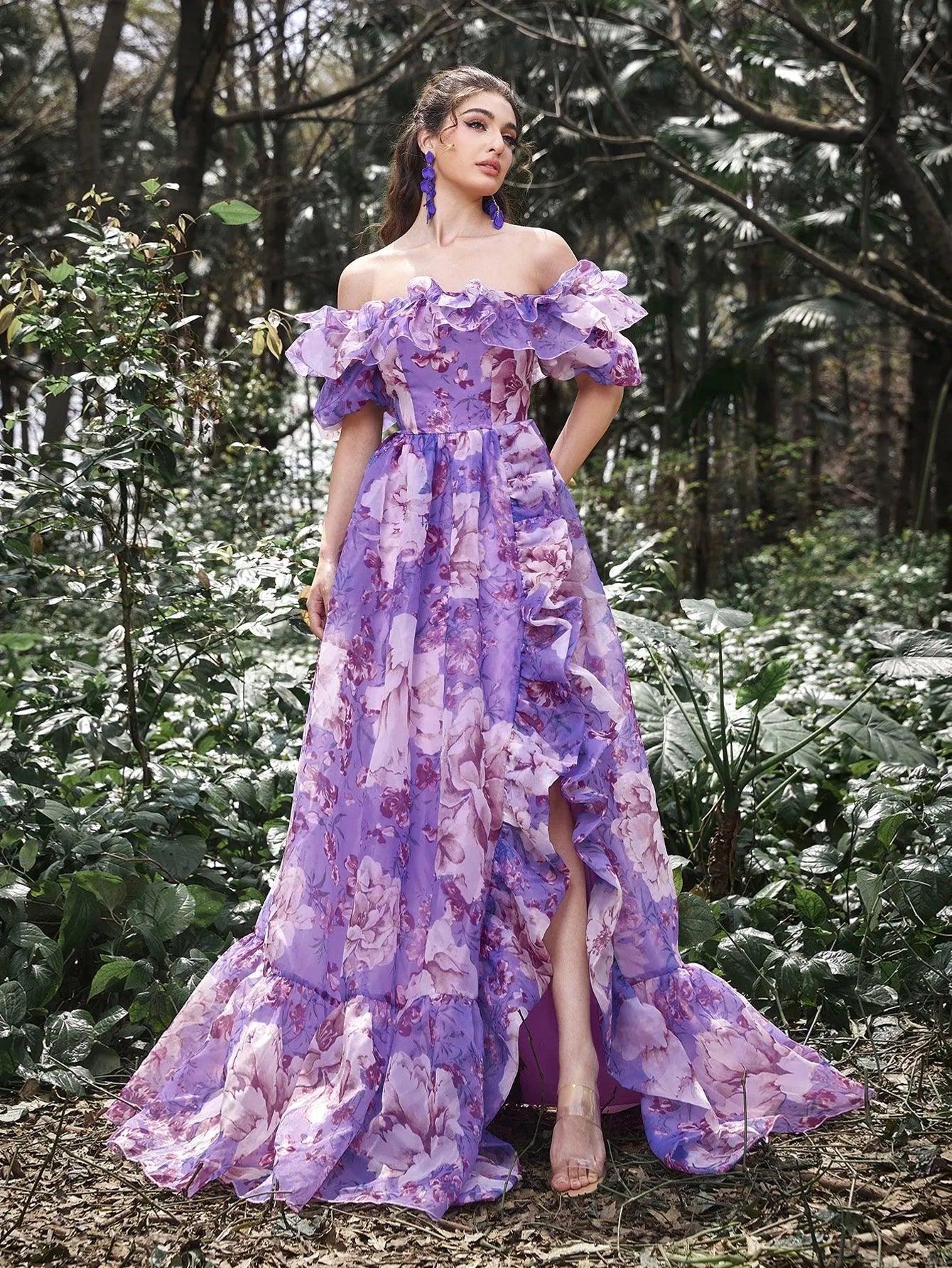 Elegant Ruffle Trim Off Shoulder Floral Organza Prom Dress - Elonnashop