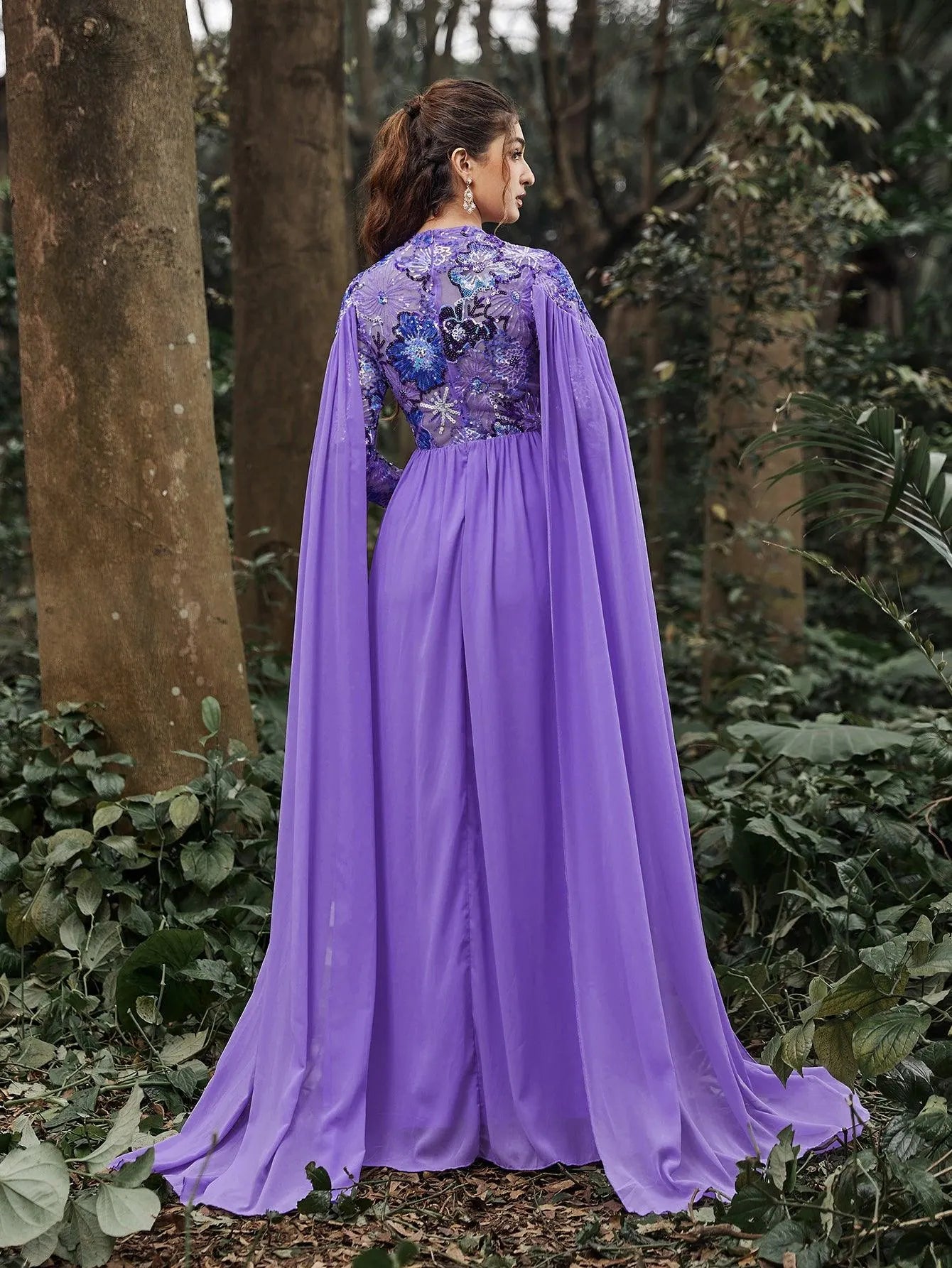 Mock Neck Cloak Sleeves Contrast Floral Sequin Prom Dress - Elonnashop