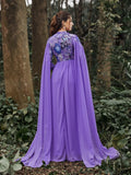 Mock Neck Cloak Sleeves Contrast Floral Sequin Prom Dress - Elonnashop