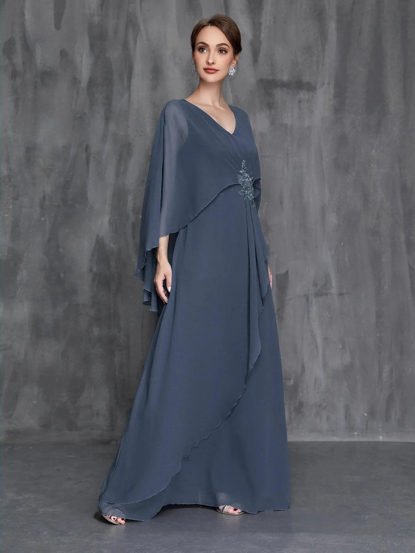 Womens' Applique Detail Chiffon Cape Dress - Elonnashop