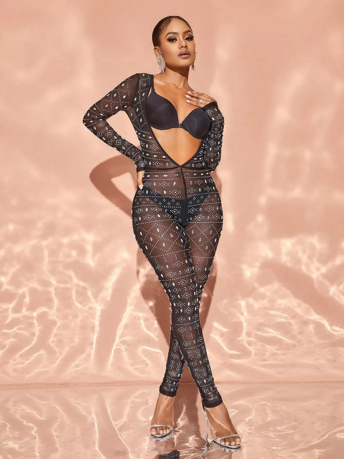 Chic Rhinestone Detail Plunging Neck Sheer Mesh Jumpsuit - Elonnashop