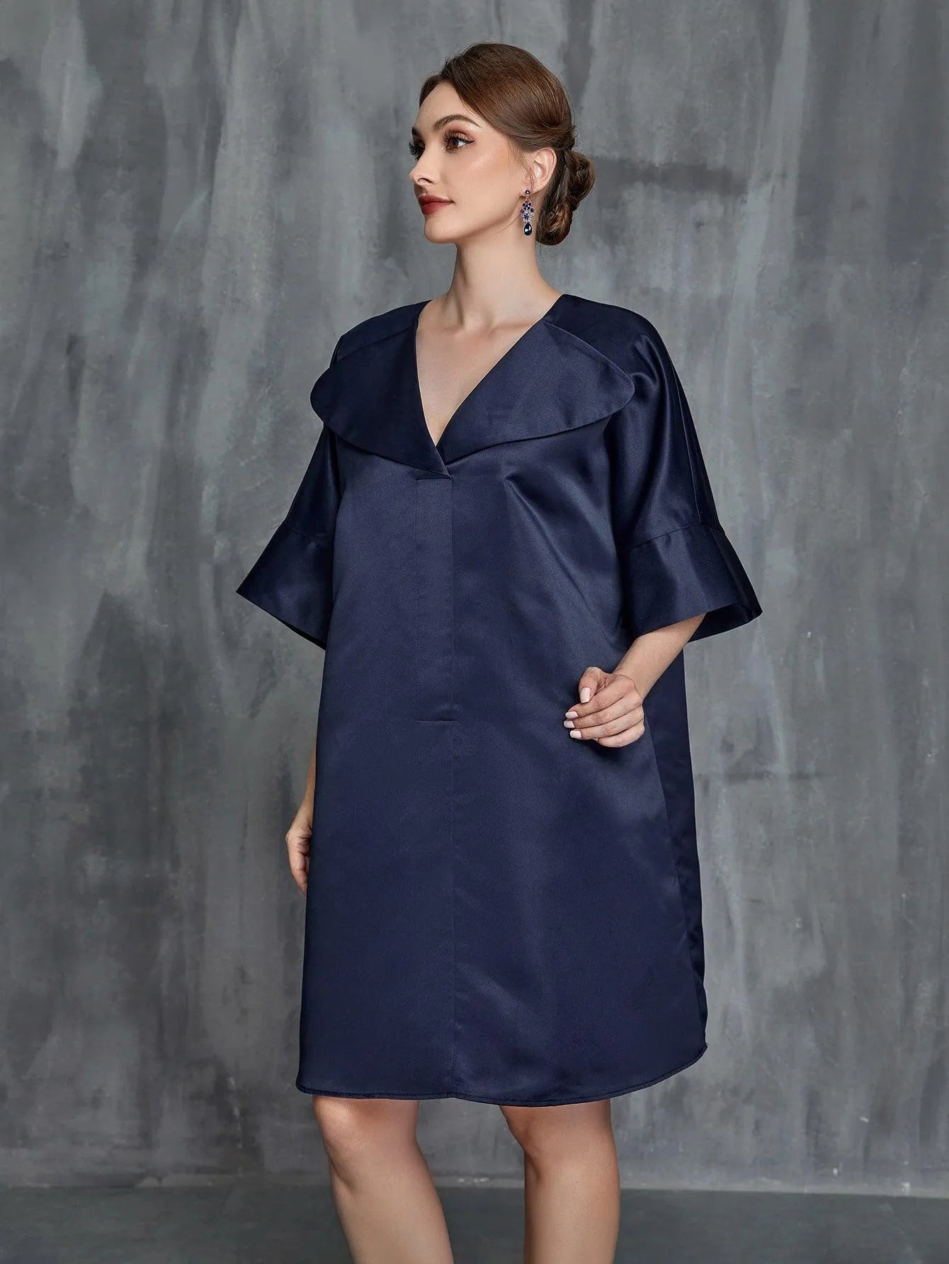 Womens' Solid Half Sleeves Satin Midi Dress - Elonnashop