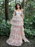 Elegant Ruffle Trim Sweetheart Neck Layered Floral Organza Prom Dress