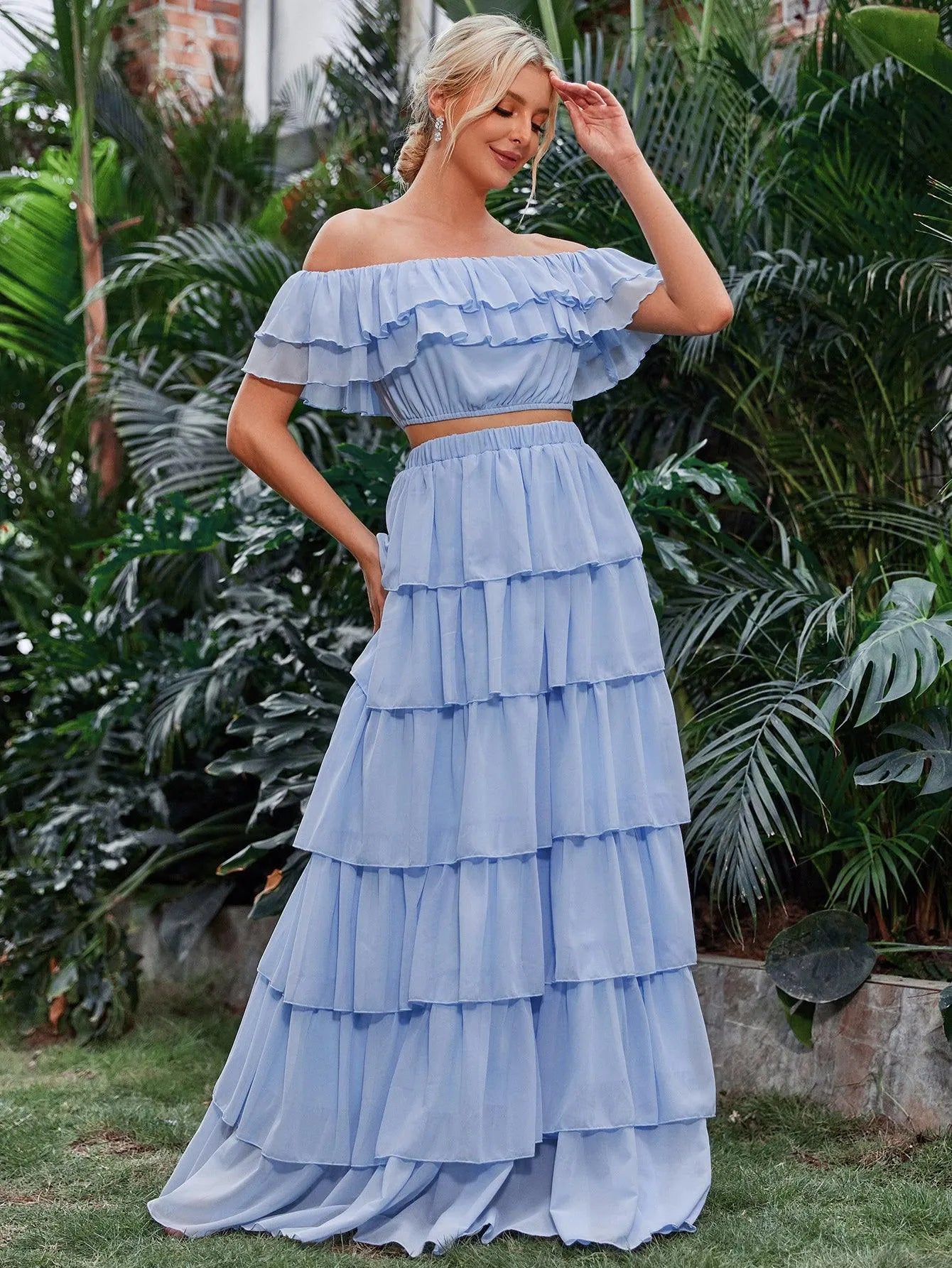 Off Shoulder Crop Top & Tiered Maxi Skirt Chiffon Two Piece Set - Elonnashop