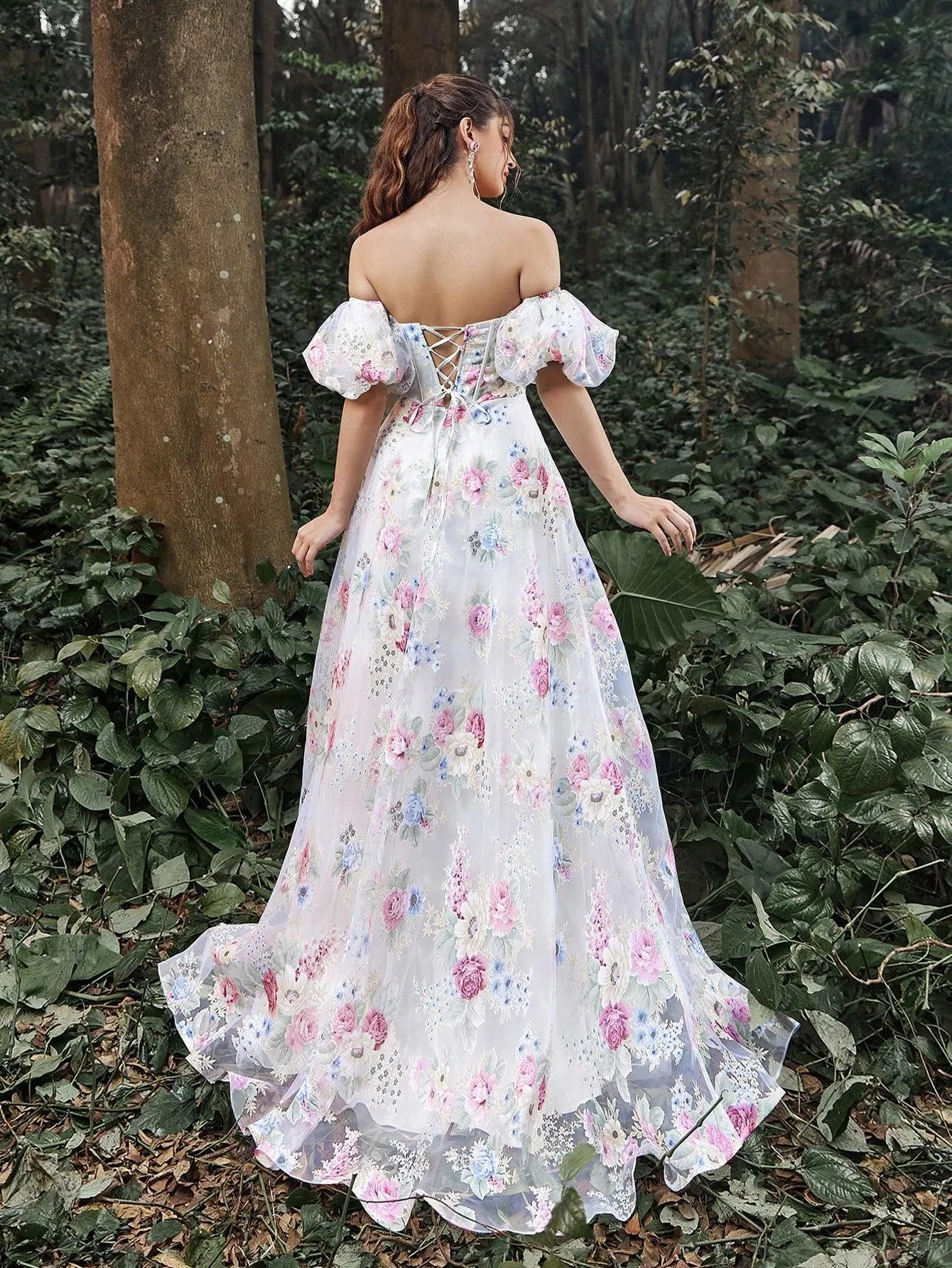 Elegant Off Shoulder Puff Sleeves Floral Printed Organza Prom Dress - Elonnashop