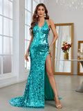 Halter Neck Split Thigh Sequin Mermaid Dress - Elonnashop