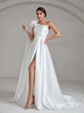 Stereo Flower One Shoulder Split Satin Wedding Dress - Elonnashop