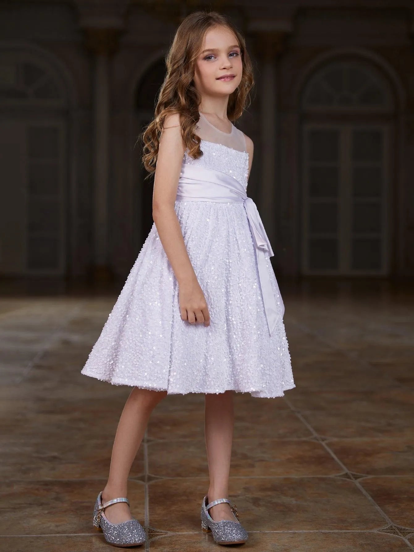 Tween Girls' Cute Sleeveless Knot Side Sequin A Line Dress - Elonnashop