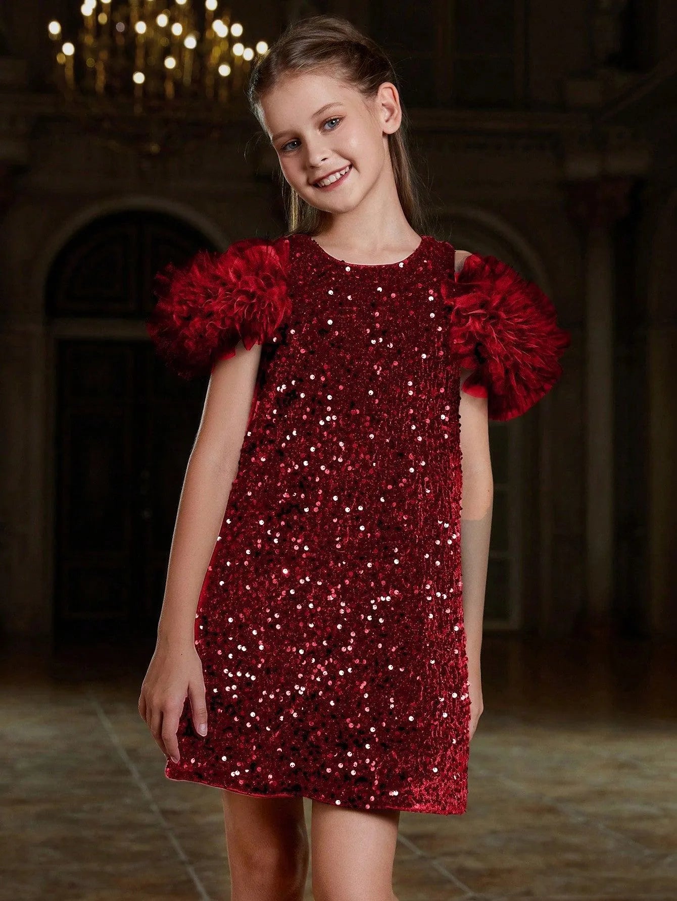 Tween Girls' Ruffle Trim Sequin Party Dress - Elonnashop