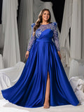 Plus Women's Sequin Bodice Formal Gown | Long Sleeves | Full Flared Skirt