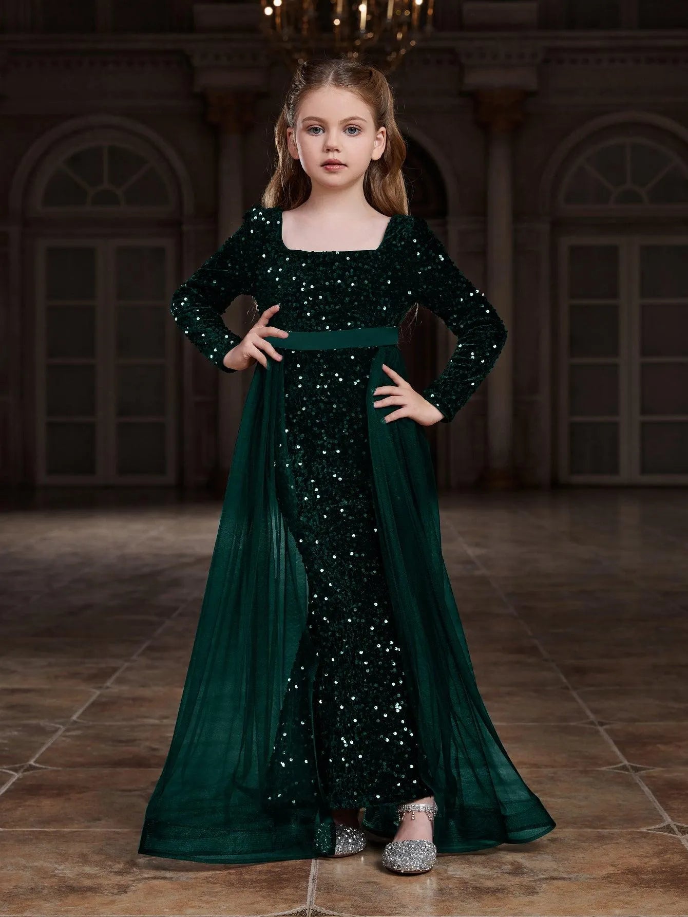 Tween Girls' Square Collar Long Sleeves Sequin Mermaid Dress - Elonnashop