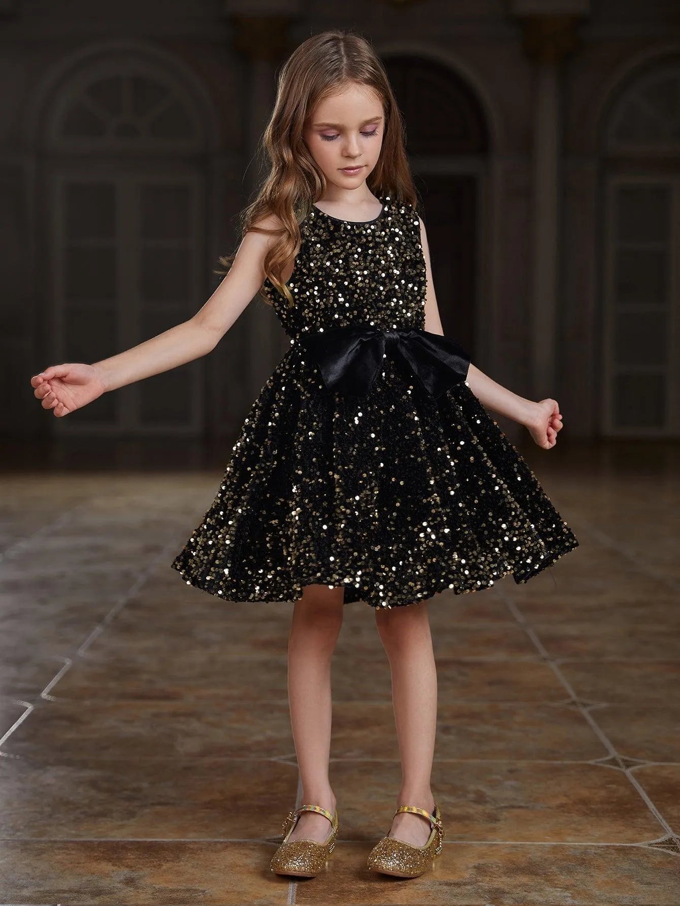 Tween Girls' Cute Sleeveless Bow Front Sequin A Line Dress - Elonnashop