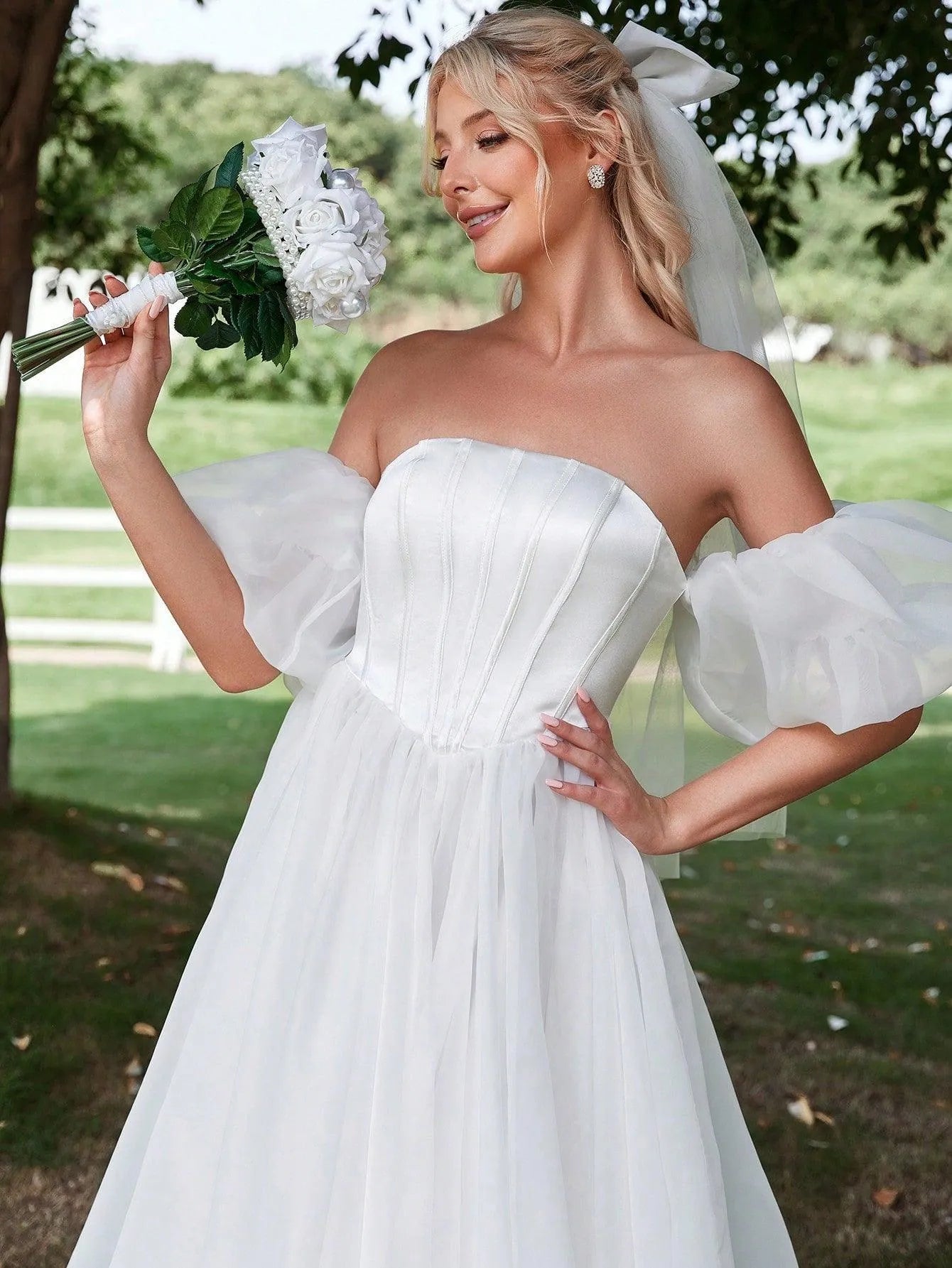 Satin Bodice Contrast Organza Tube Wedding Dress - Elonnashop