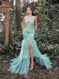 Luxury One Shoulder Tulle Overlay Mermaid Hem Floral Sequin Prom Dress - Elonnashop