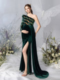 Maternity One Shoulder Split Mermaid Hem Contrast Sequin Velvet Evening Dress