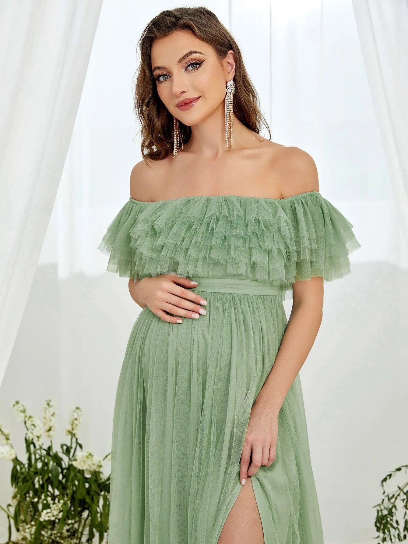 Maternity Off Shoulder Ruffle Trim Mesh Slit Dress - Elonnashop