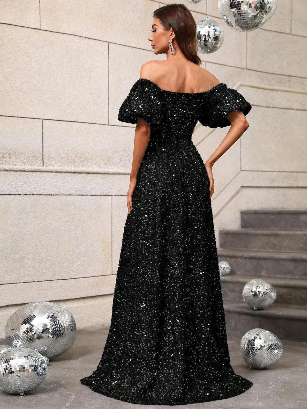 Elegant Off Shoulder Puff Sleeves Sequin A Line Dress - Elonnashop