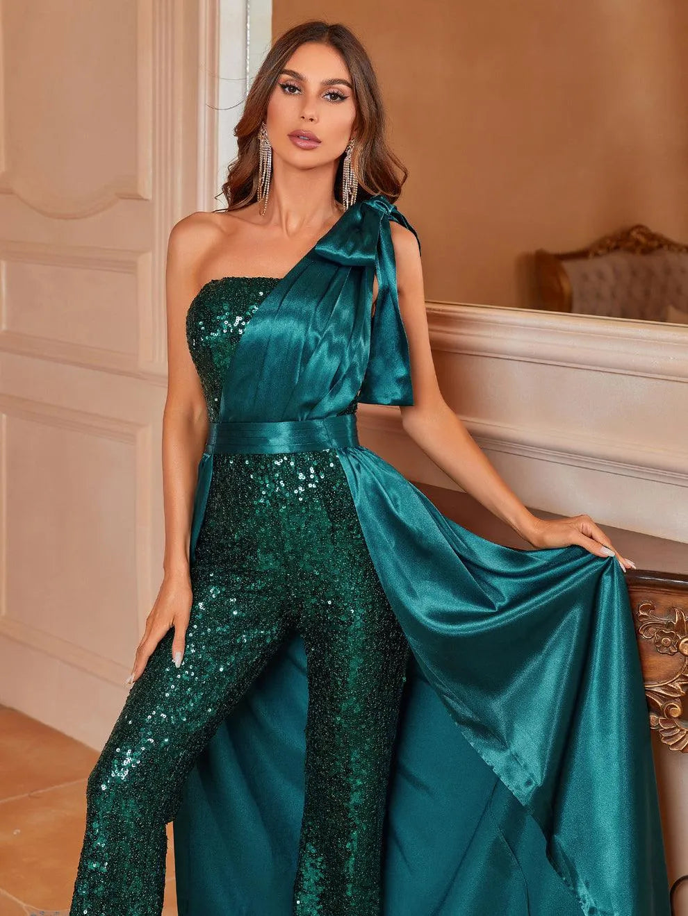 One Shoulder Sleeveless Satin Overlay Sequin Jumpsuit - Elonnashop