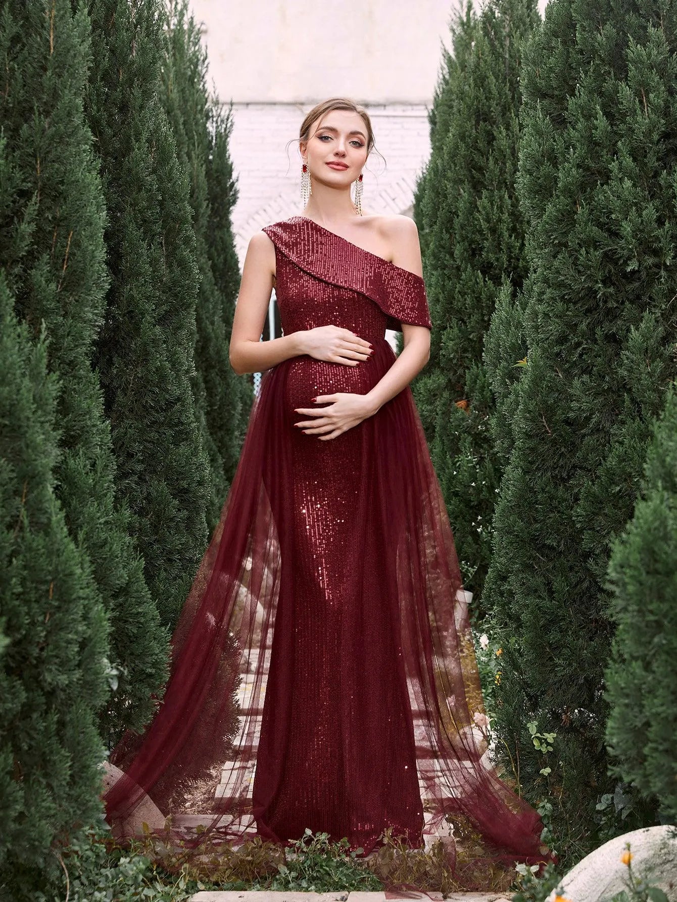 Maternity Sloping Collar Mesh Overlay Sequin Formal Dress - Elonnashop