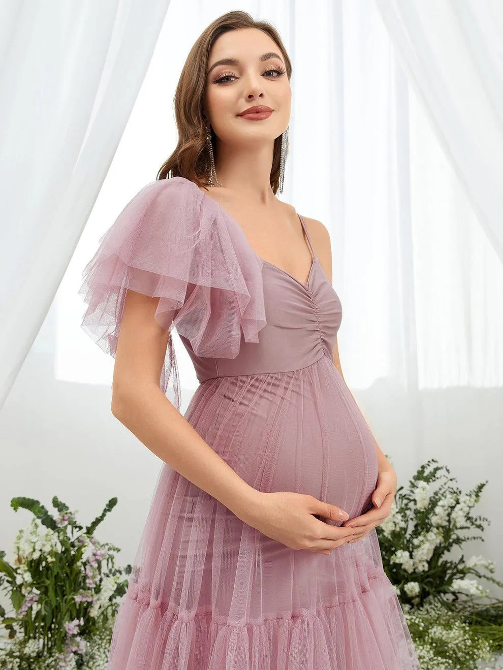 Maternity Ruched Bust Layered Hem Mesh Ruffle Cami Dress - Elonnashop