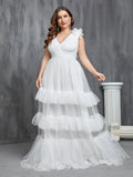 Plus Deep V Neck Sleeveless Layered Tulle Wedding Dress