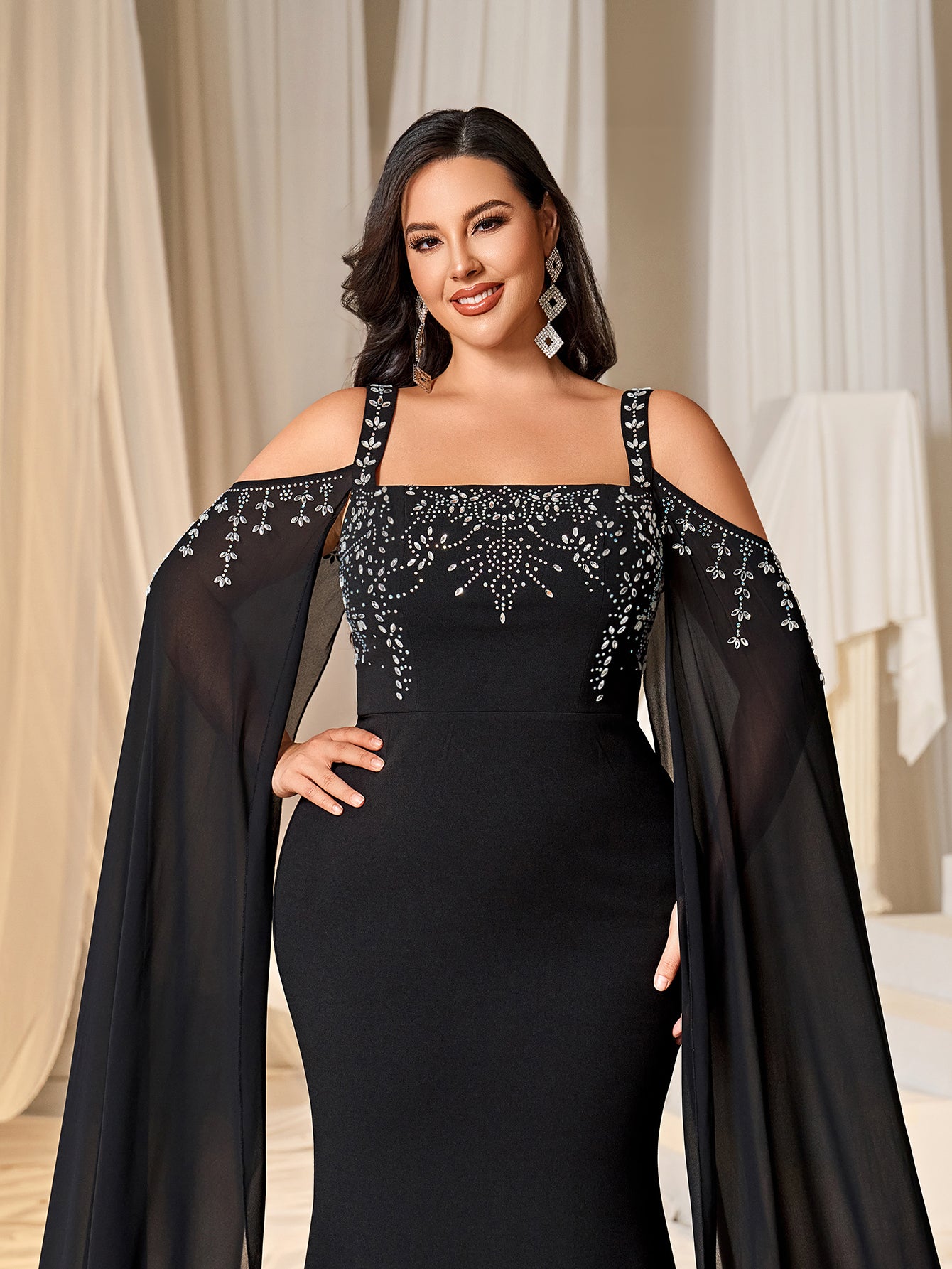 Plus Rhinestone Detail Cold Shoulder Cloak Sleeves Mermaid Hem Formal Dress Evening Dress