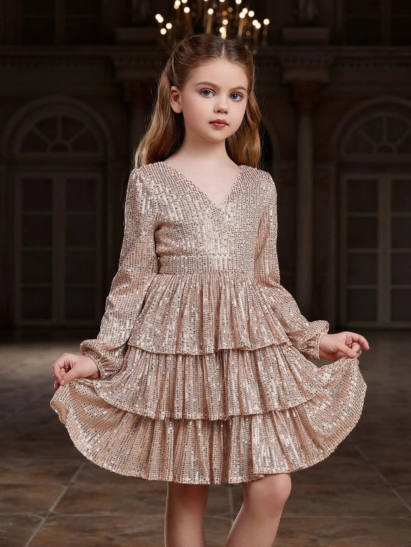 Tween Girls' Backless V Neck Layered Hem Sequin Party Dress - Elonnashop